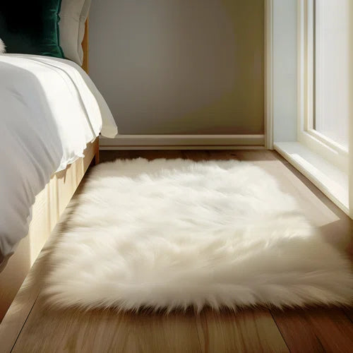 Haja Fluffy Faux Sheepskin Fur Shag Area Rug in White