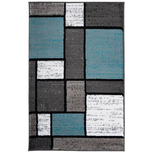 Astley Woven Geometric Blue/Gray/Ivory Area Rug – Modern Polypropylene Carpet for Living Room, Bedroom, or Office