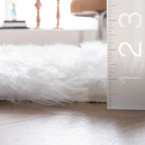 Haja Fluffy Faux Sheepskin Fur Shag Area Rug in White