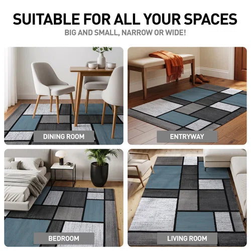 Astley Woven Geometric Blue/Gray/Ivory Area Rug – Modern Polypropylene Carpet for Living Room, Bedroom, or Office