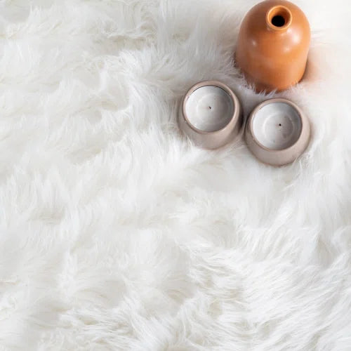 Haja Fluffy Faux Sheepskin Fur Shag Area Rug in White
