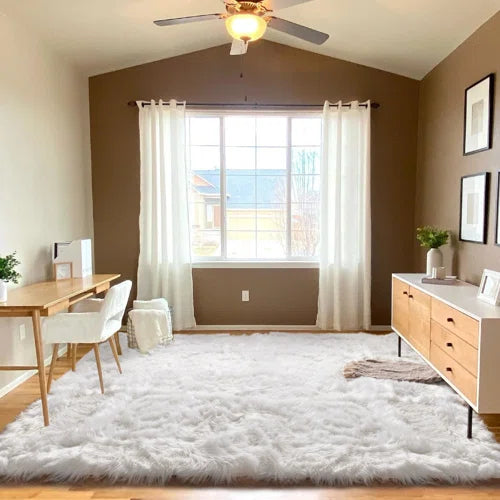 Haja Fluffy Faux Sheepskin Fur Shag Area Rug in White